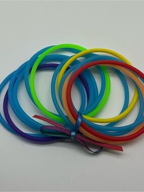 Set of 12 Neon Blue and Rainbow Colored Jelly Bracelets